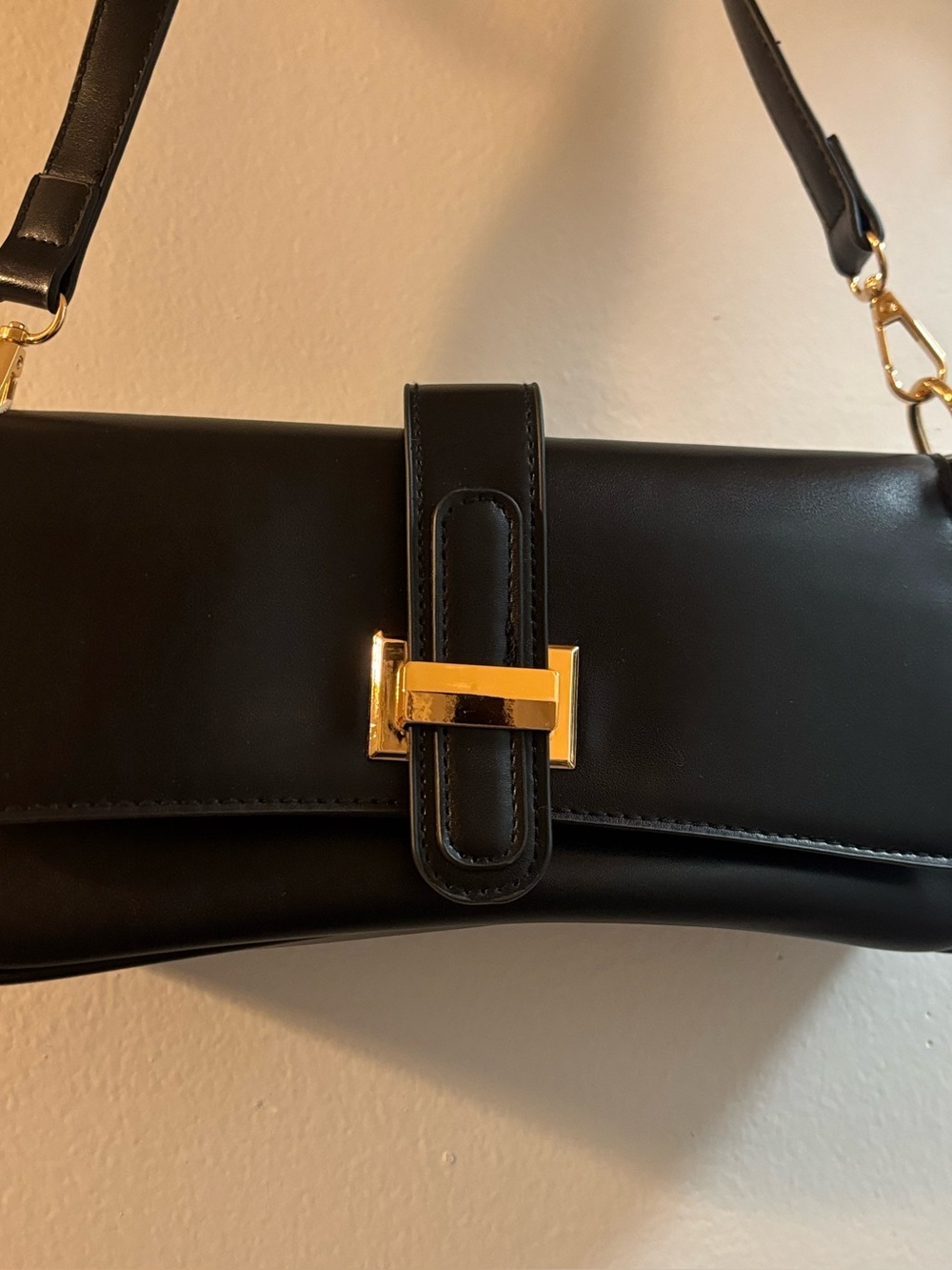 Black Leather Crossbody Bag with Gold Hardware